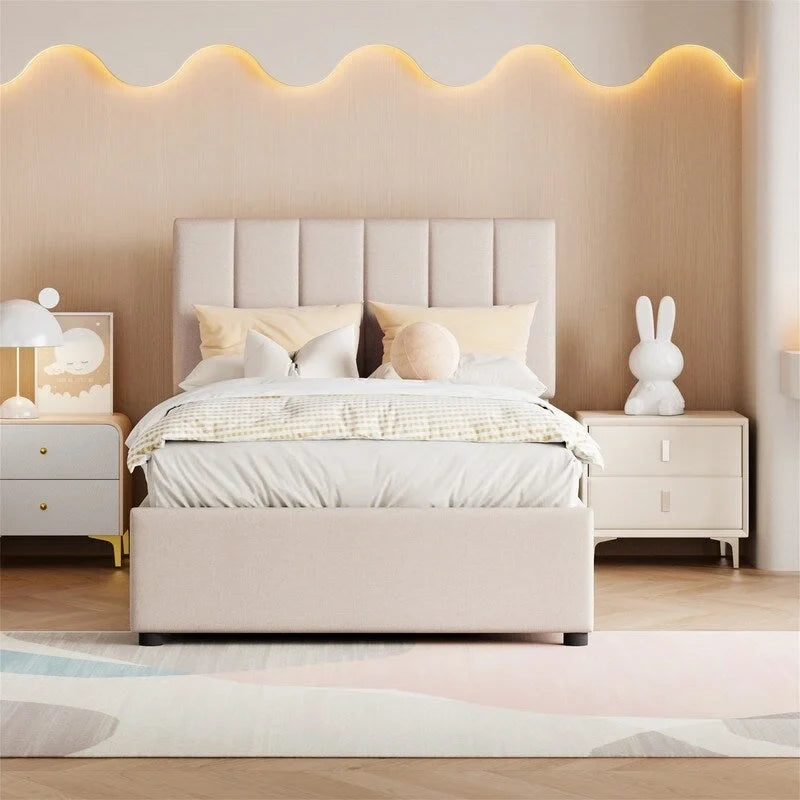 Twin/King Hydraulic Lift Storage Bed with Vertical Stripe Headboard and Slat Support
