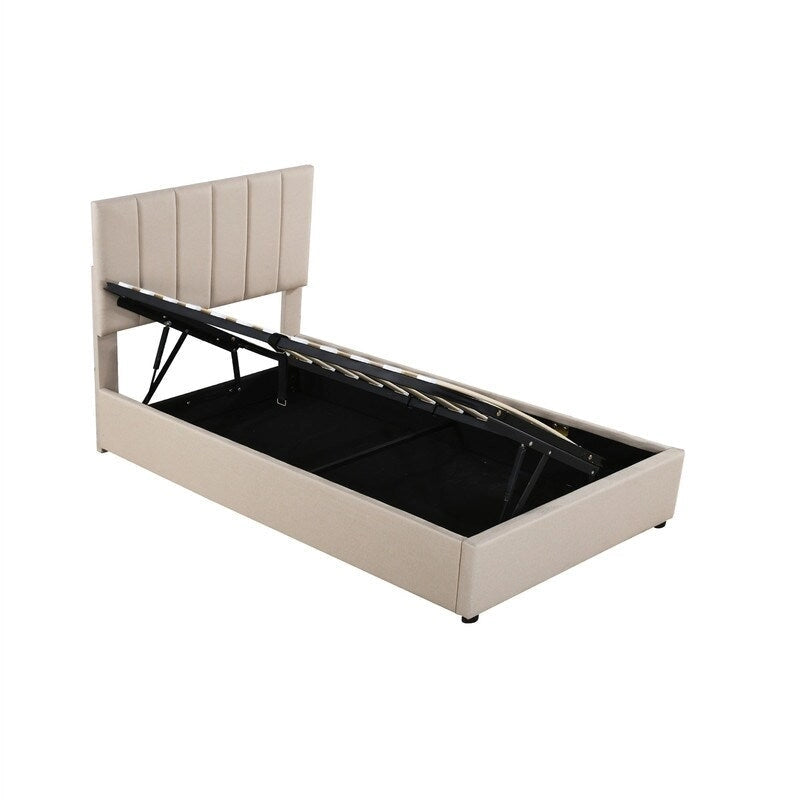 Twin/King Hydraulic Lift Storage Bed with Vertical Stripe Headboard and Slat Support