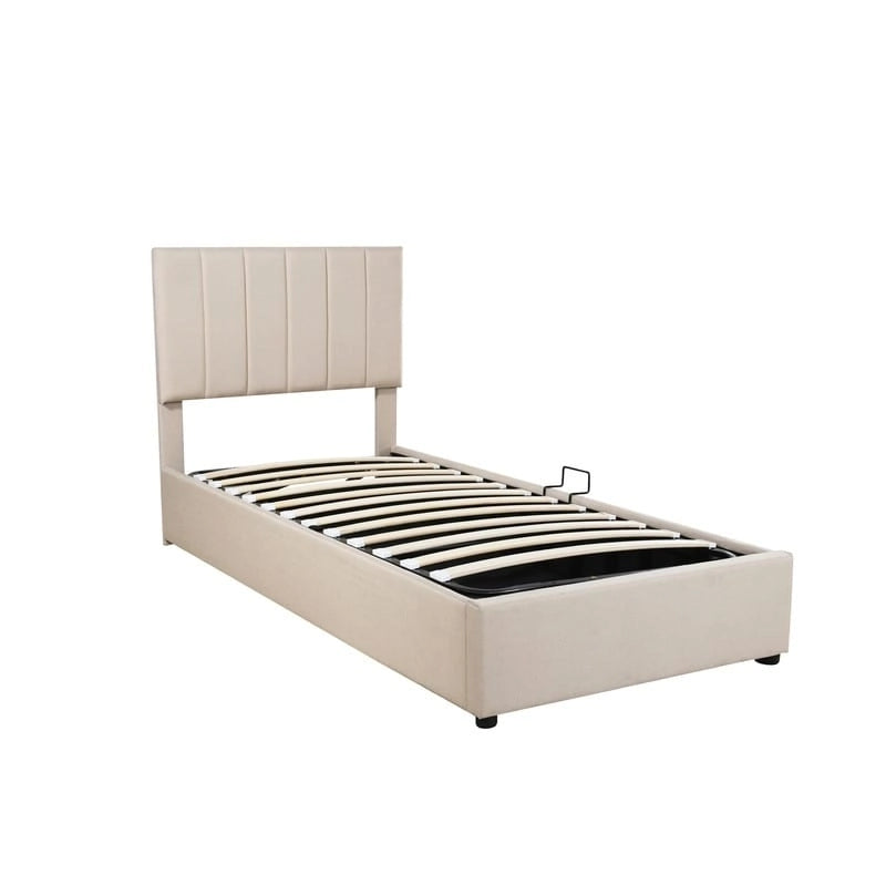 Twin/King Hydraulic Lift Storage Bed with Vertical Stripe Headboard and Slat Support