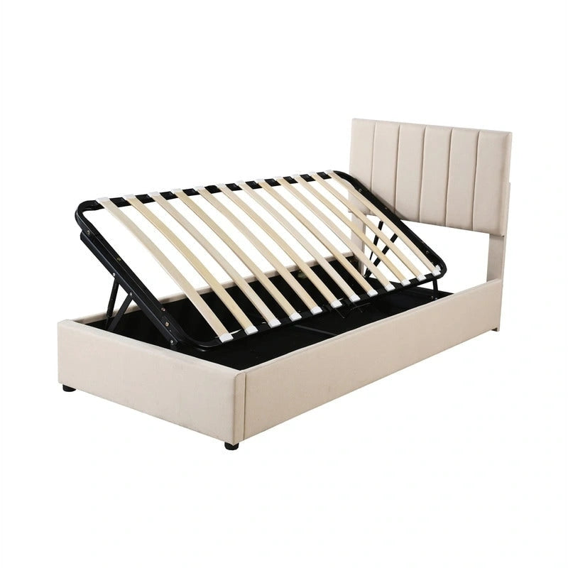 Twin/King Hydraulic Lift Storage Bed with Vertical Stripe Headboard and Slat Support