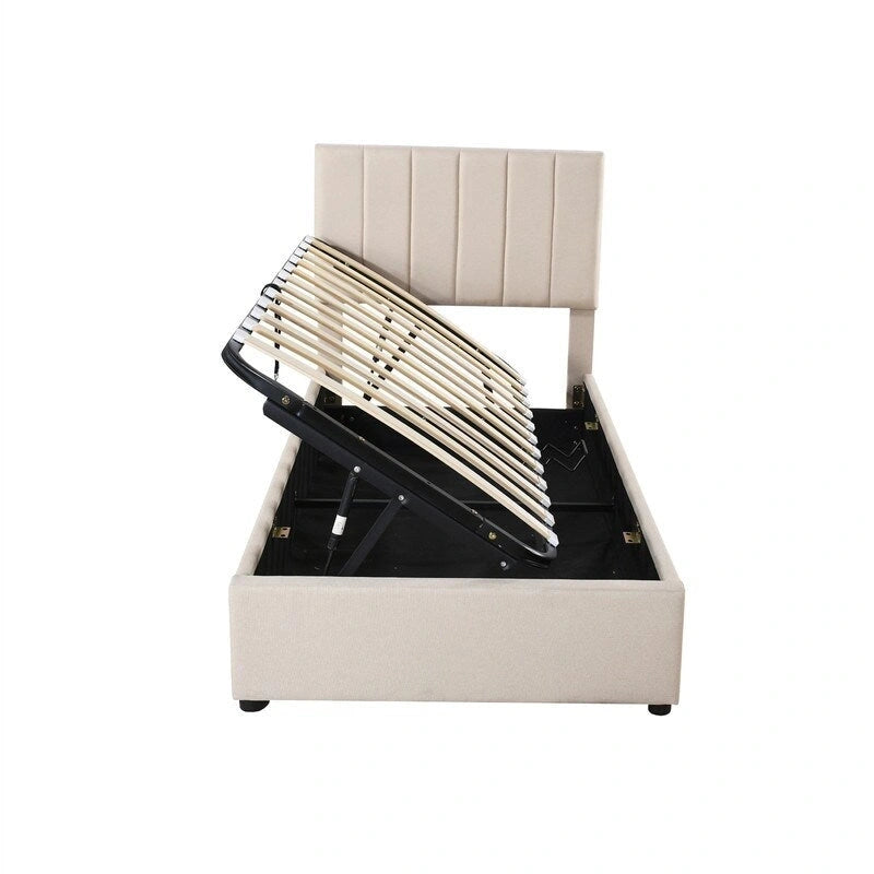 Twin/King Hydraulic Lift Storage Bed with Vertical Stripe Headboard and Slat Support