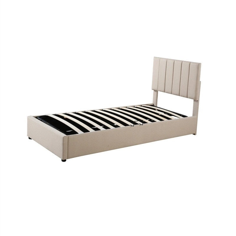 Twin/King Hydraulic Lift Storage Bed with Vertical Stripe Headboard and Slat Support