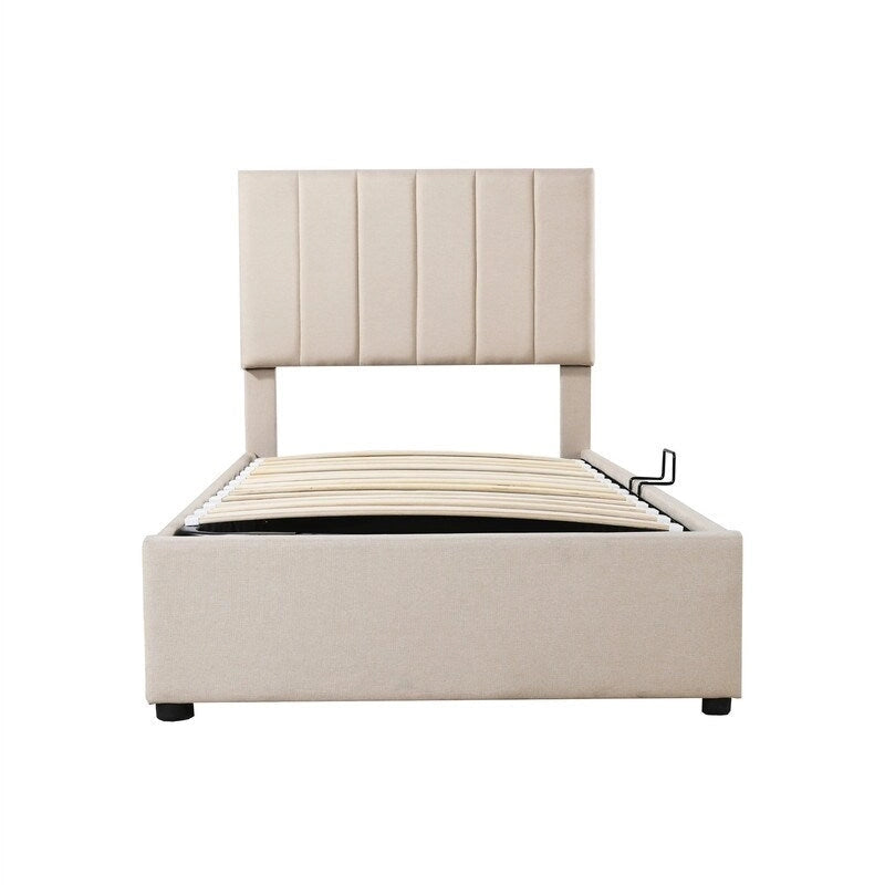 Twin/King Hydraulic Lift Storage Bed with Vertical Stripe Headboard and Slat Support