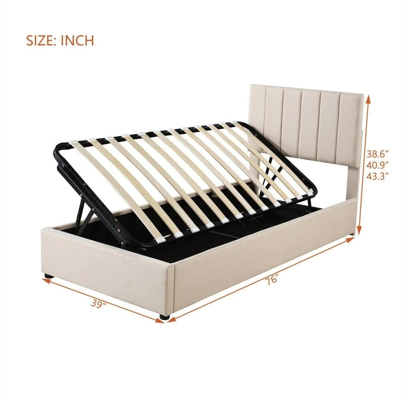 Twin/King Hydraulic Lift Storage Bed with Vertical Stripe Headboard and Slat Support