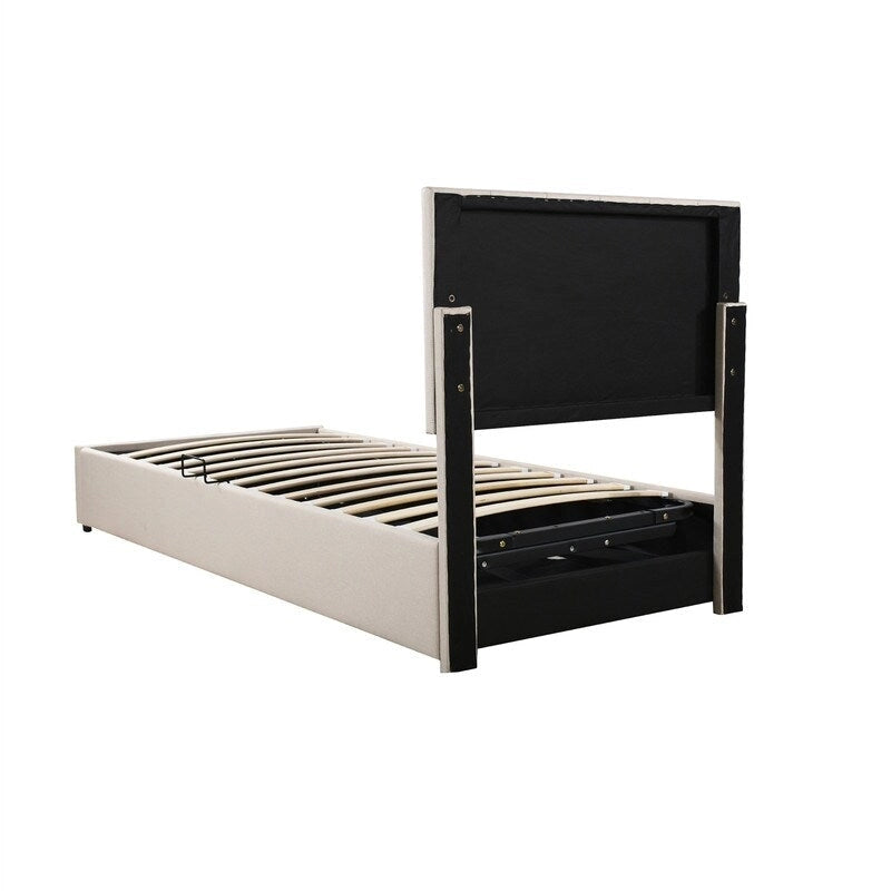 Twin/King Hydraulic Lift Storage Bed with Vertical Stripe Headboard and Slat Support