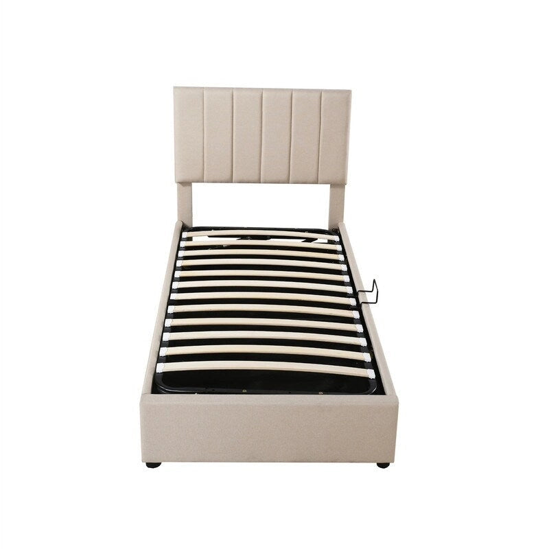 Twin/King Hydraulic Lift Storage Bed with Vertical Stripe Headboard and Slat Support