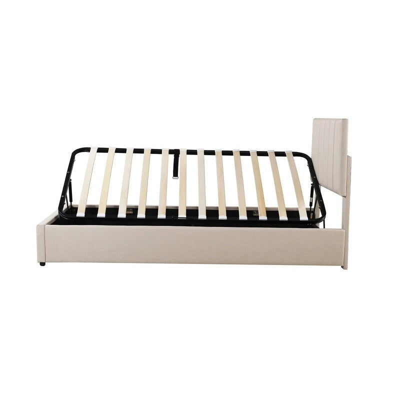 Twin/King Hydraulic Lift Storage Bed with Vertical Stripe Headboard and Slat Support