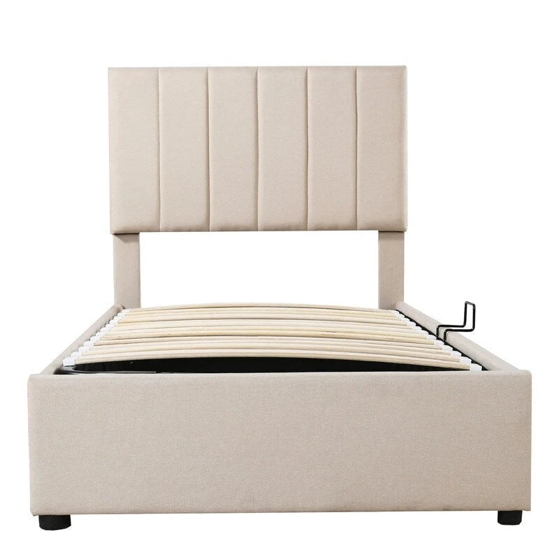 Twin/King Hydraulic Lift Storage Bed with Vertical Stripe Headboard and Slat Support
