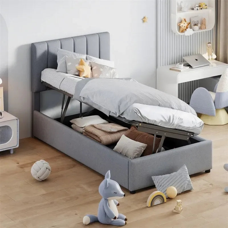 Twin/King Hydraulic Lift Storage Bed with Vertical Stripe Headboard and Slat Support
