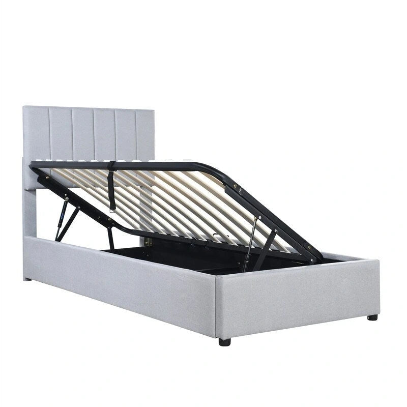 Twin/King Hydraulic Lift Storage Bed with Vertical Stripe Headboard and Slat Support