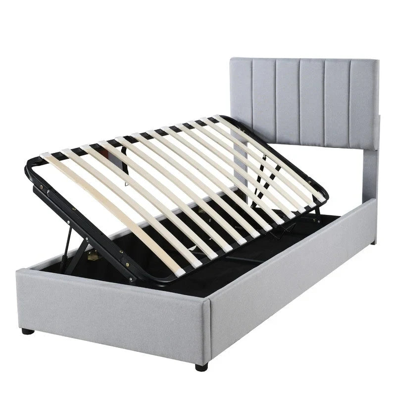Twin/King Hydraulic Lift Storage Bed with Vertical Stripe Headboard and Slat Support