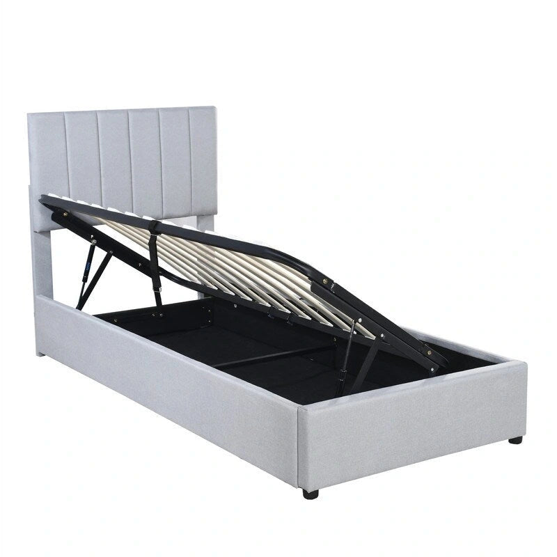 Twin/King Hydraulic Lift Storage Bed with Vertical Stripe Headboard and Slat Support