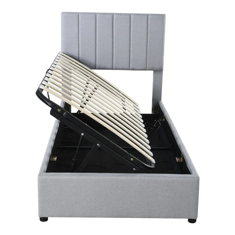 Twin/King Hydraulic Lift Storage Bed with Vertical Stripe Headboard and Slat Support