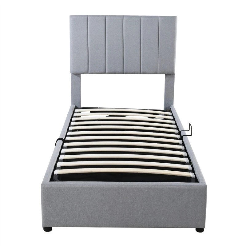 Twin/King Hydraulic Lift Storage Bed with Vertical Stripe Headboard and Slat Support
