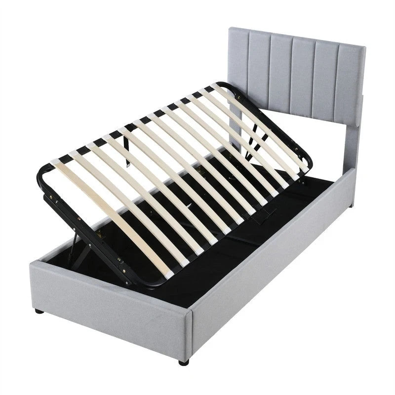 Twin/King Hydraulic Lift Storage Bed with Vertical Stripe Headboard and Slat Support