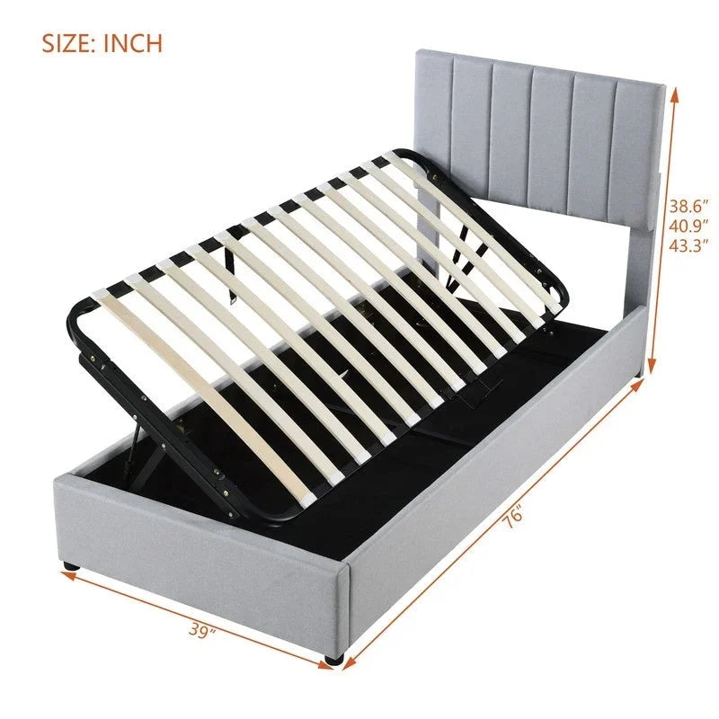 Twin/King Hydraulic Lift Storage Bed with Vertical Stripe Headboard and Slat Support