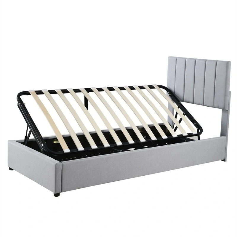 Twin/King Hydraulic Lift Storage Bed with Vertical Stripe Headboard and Slat Support