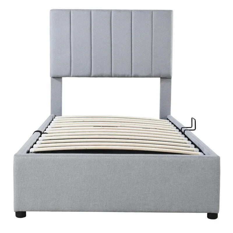 Twin/King Hydraulic Lift Storage Bed with Vertical Stripe Headboard and Slat Support
