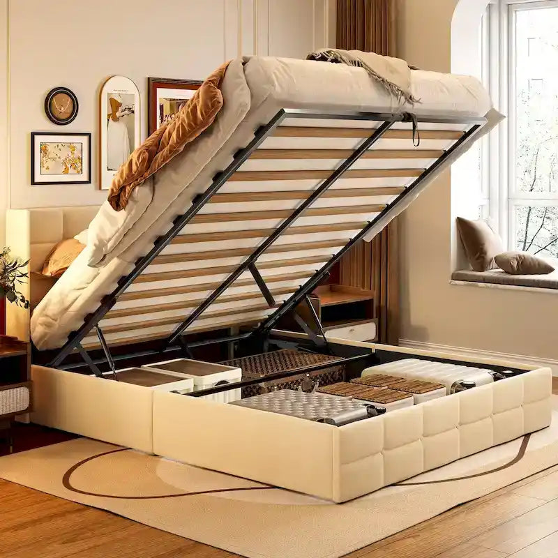 Full/Queen Hydraulic Lift Storage Bed with Wingback Headboard, 1000-lb Capacity