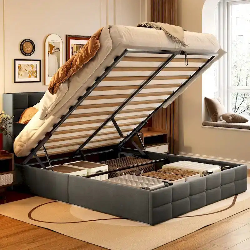 Full/Queen Hydraulic Lift Storage Bed with Wingback Headboard, 1000-lb Capacity