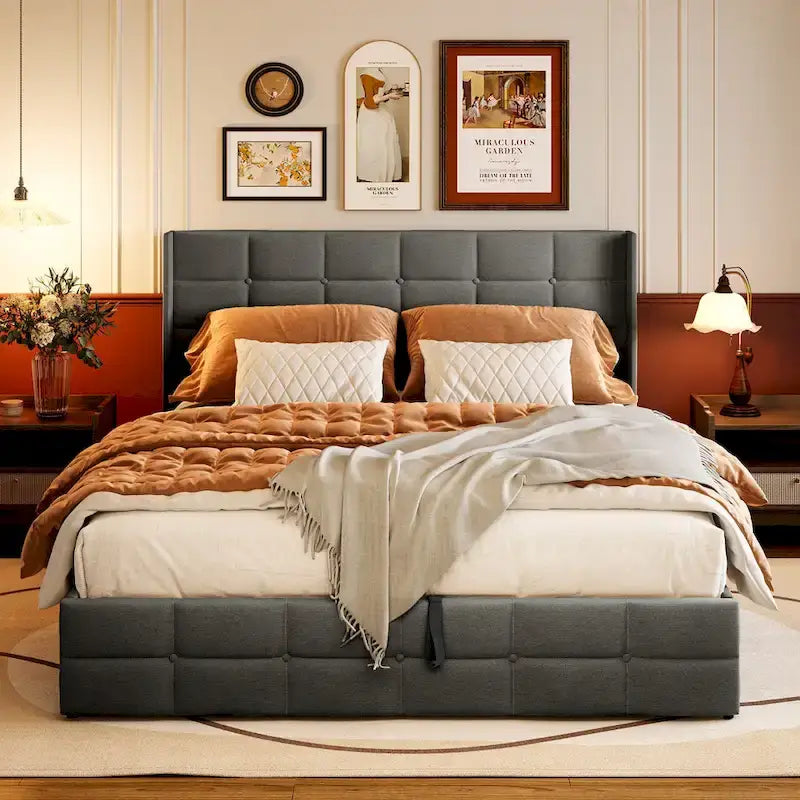 Full/Queen Hydraulic Lift Storage Bed with Wingback Headboard, 1000-lb Capacity