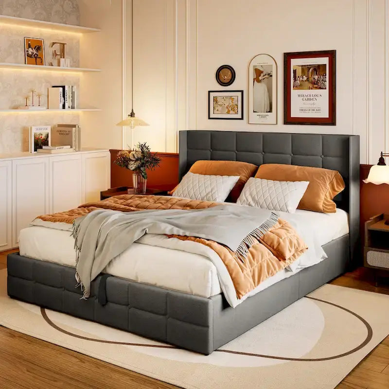 Full/Queen Hydraulic Lift Storage Bed with Wingback Headboard, 1000-lb Capacity