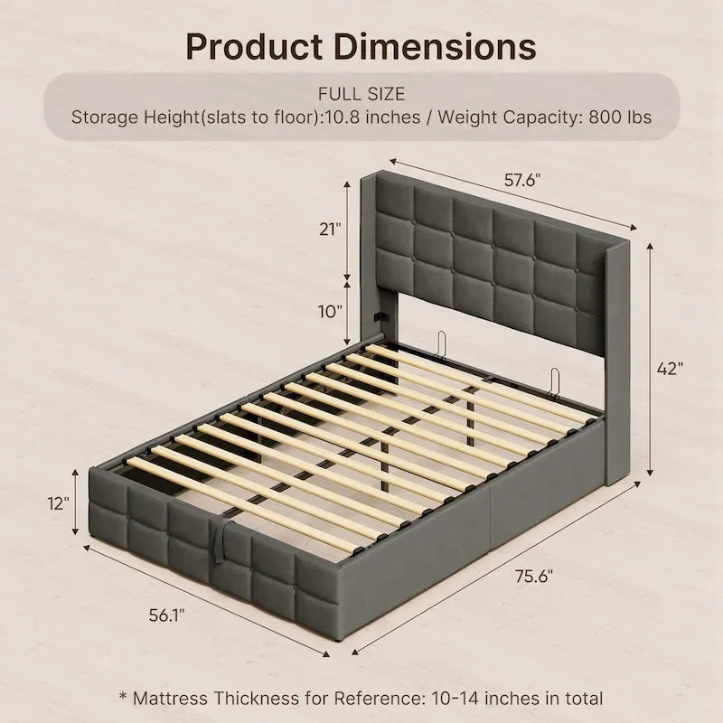 Full/Queen Hydraulic Lift Storage Bed with Wingback Headboard, 1000-lb Capacity