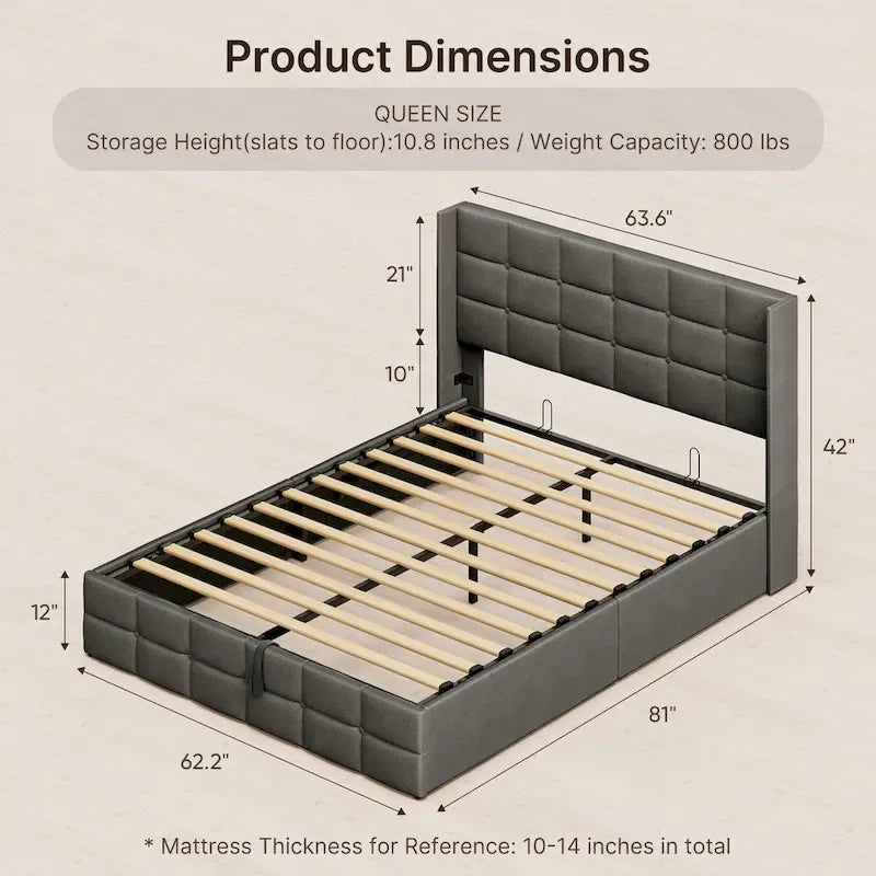 Full/Queen Hydraulic Lift Storage Bed with Wingback Headboard, 1000-lb Capacity