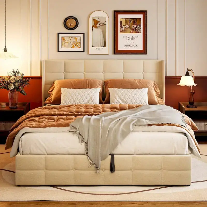 Full/Queen Hydraulic Lift Storage Bed with Wingback Headboard, 1000-lb Capacity