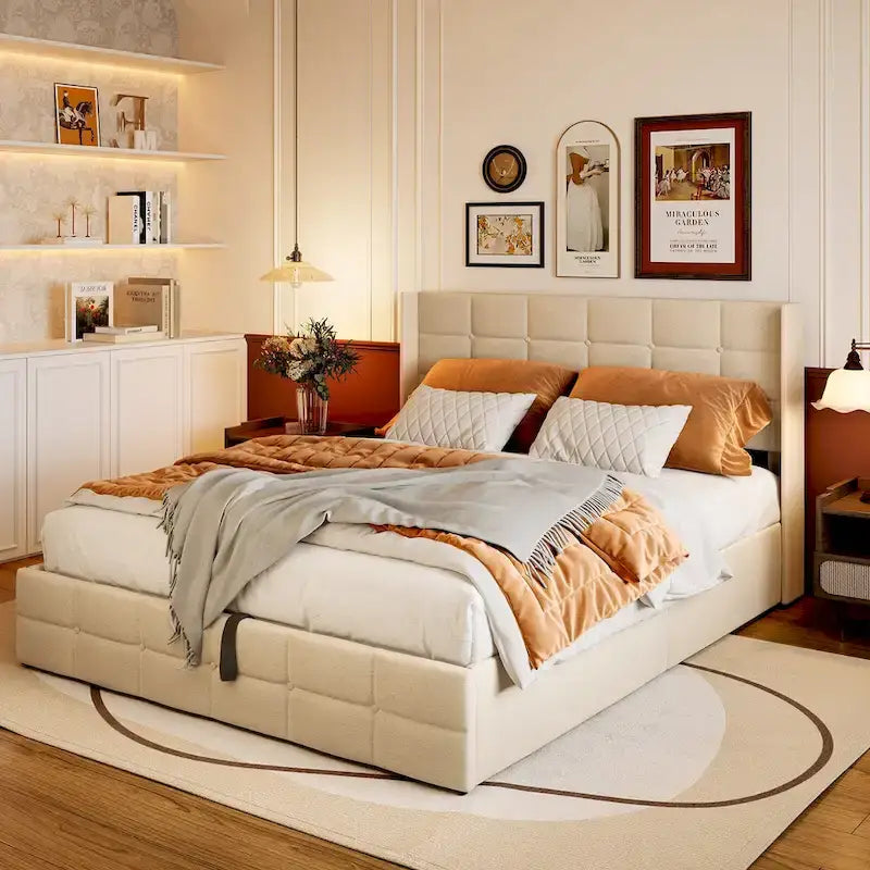 Full/Queen Hydraulic Lift Storage Bed with Wingback Headboard, 1000-lb Capacity