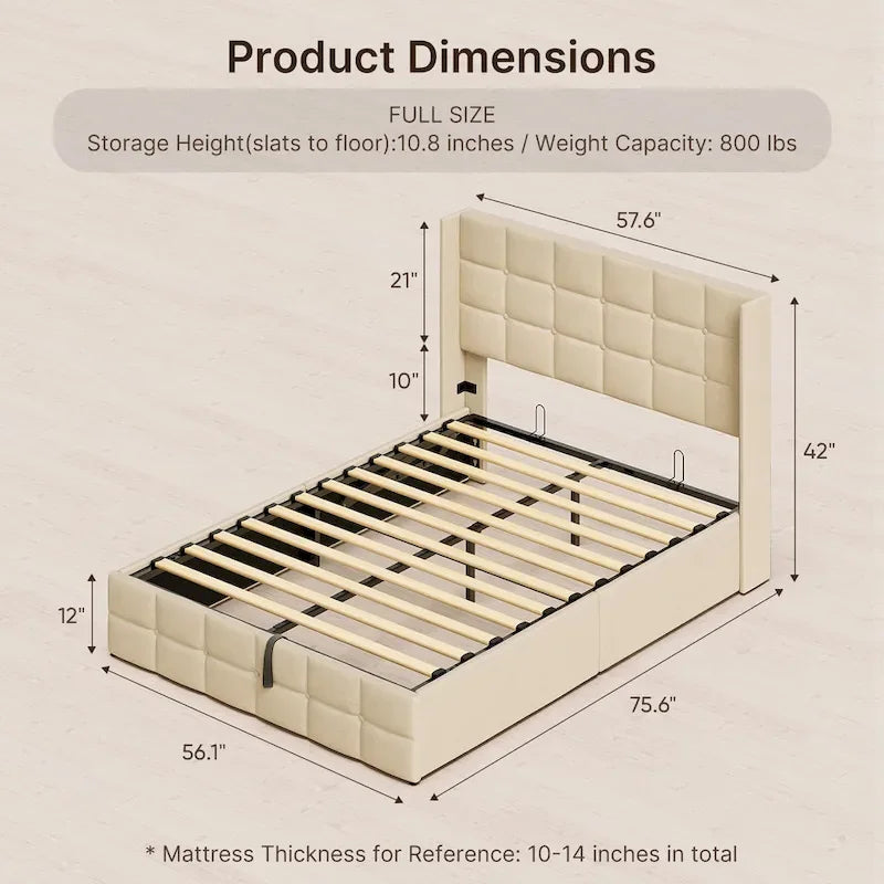 Full/Queen Hydraulic Lift Storage Bed with Wingback Headboard, 1000-lb Capacity