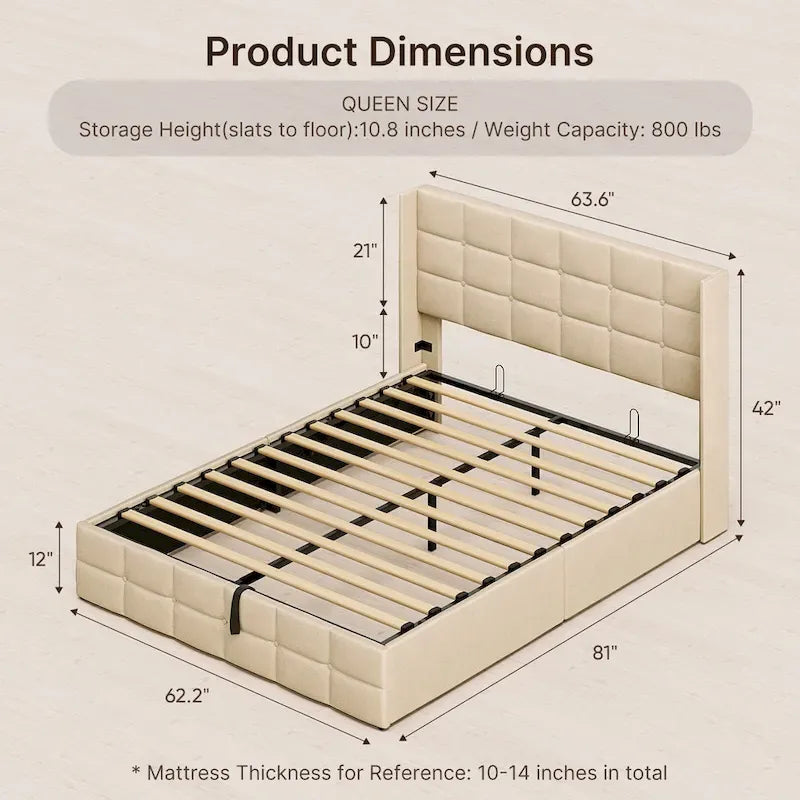 Full/Queen Hydraulic Lift Storage Bed with Wingback Headboard, 1000-lb Capacity