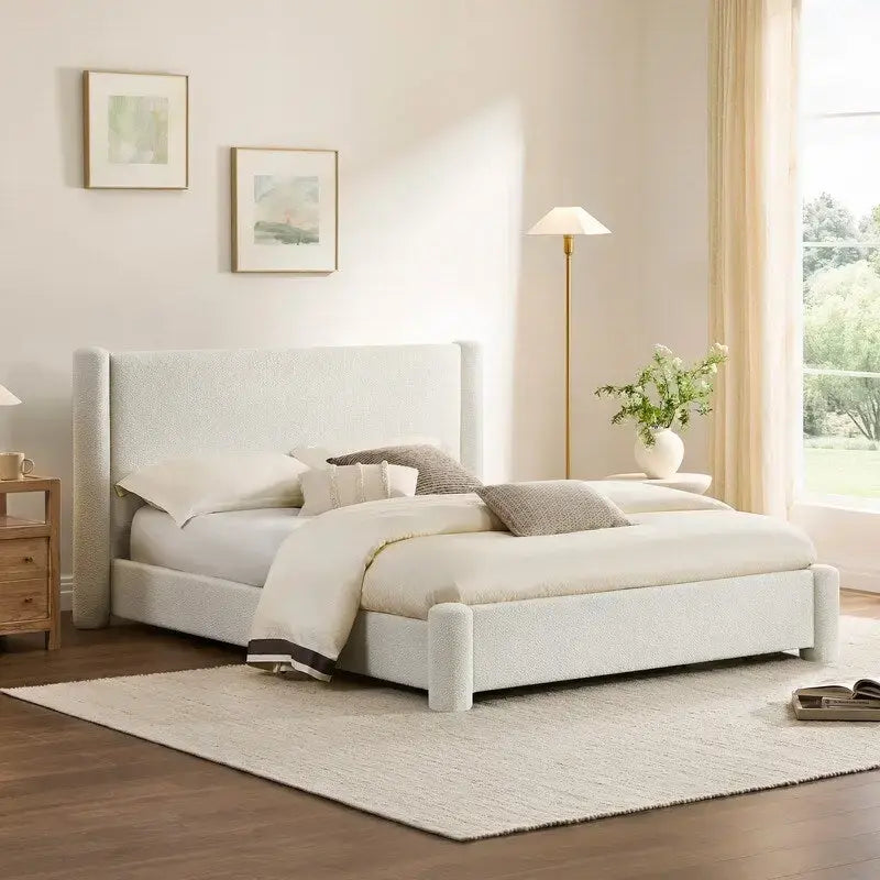 Upholstered Platform Bed Frame with Wide Headboard and Rounded Pillar Legs