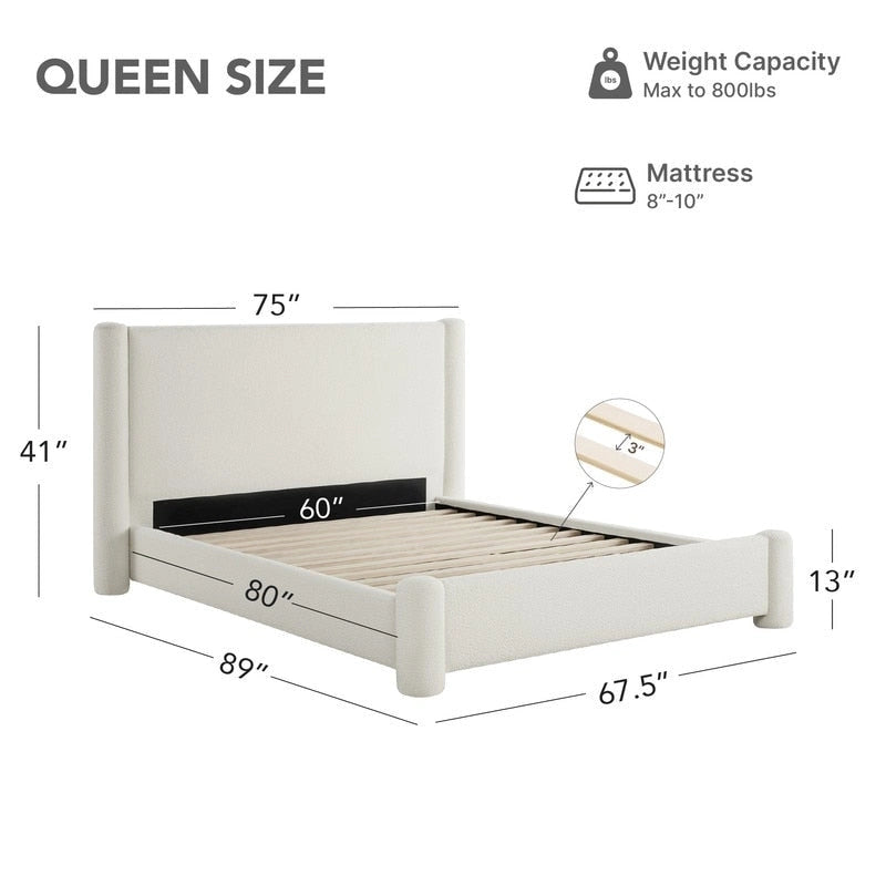 Upholstered Platform Bed Frame with Wide Headboard and Rounded Pillar Legs