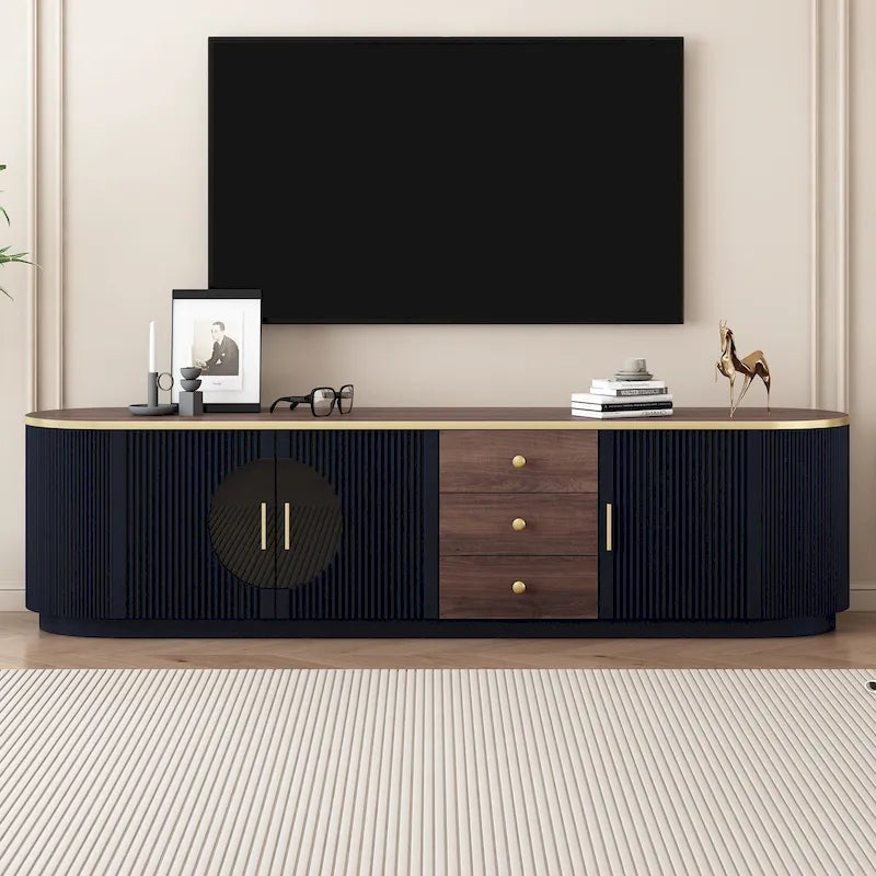70-Inch TV Stand with 3 Drawers, 2 Glass Cabinets and Adjustable Shelf
