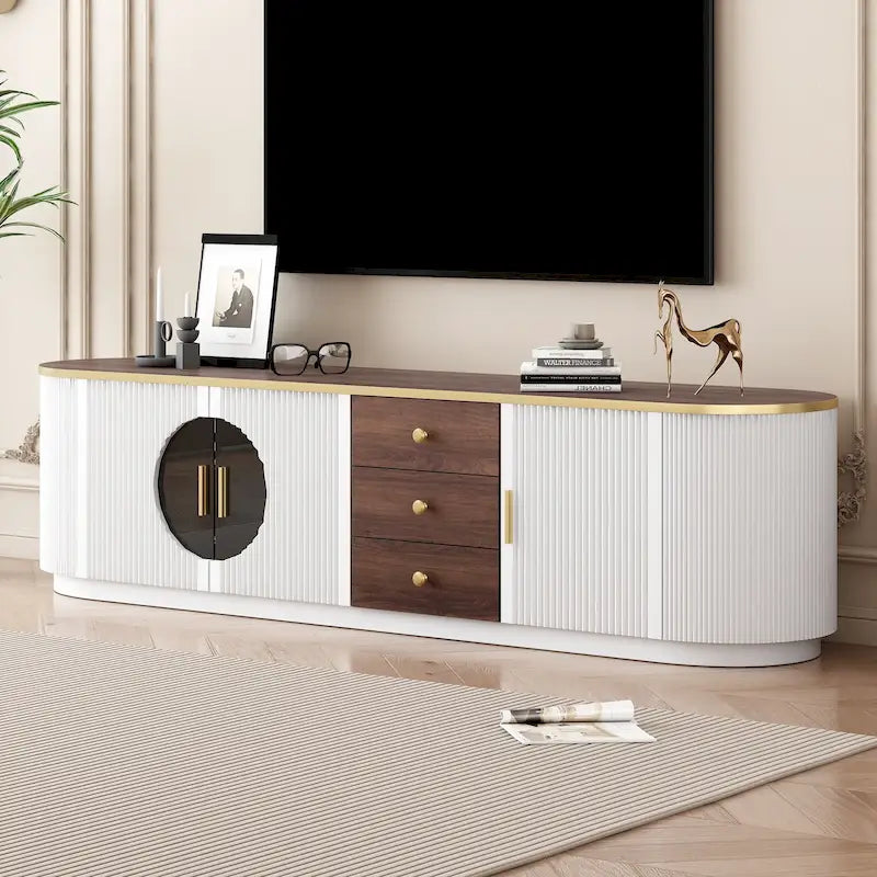 70-Inch TV Stand with 3 Drawers, 2 Glass Cabinets and Adjustable Shelf