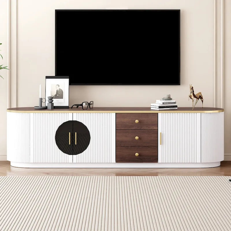 70-Inch TV Stand with 3 Drawers, 2 Glass Cabinets and Adjustable Shelf