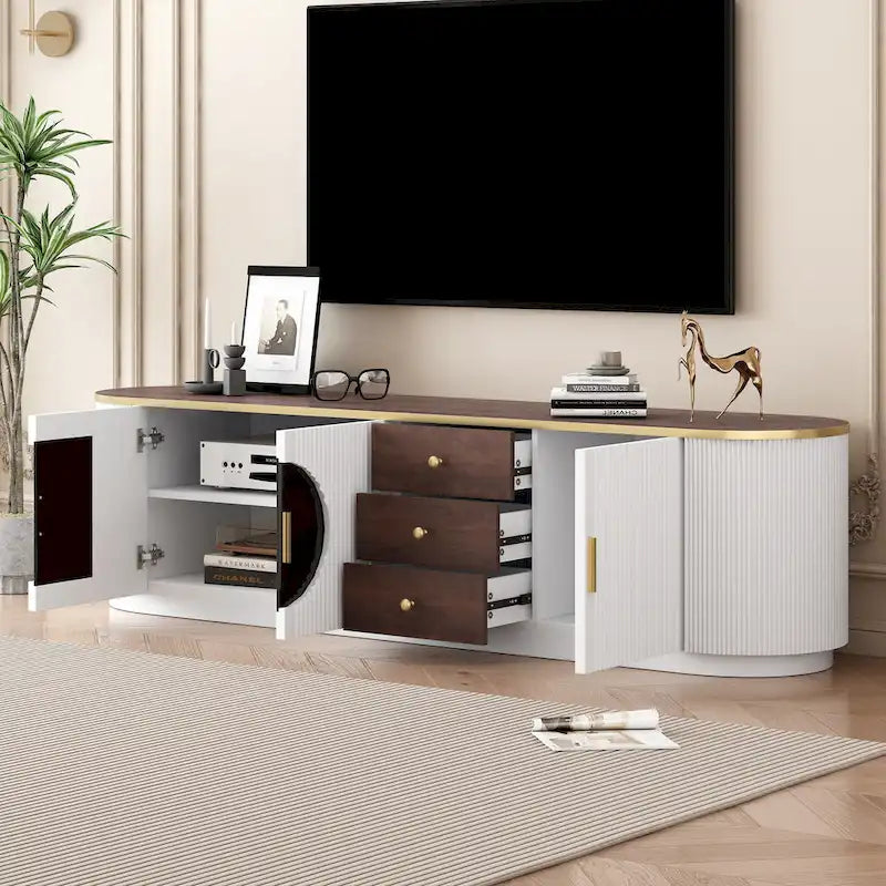 70-Inch TV Stand with 3 Drawers, 2 Glass Cabinets and Adjustable Shelf