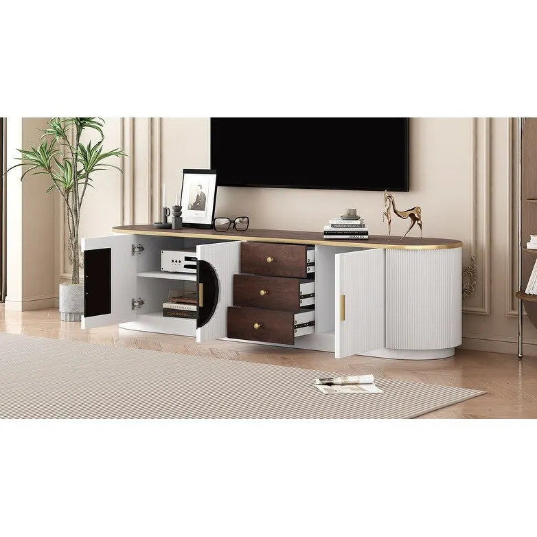 70-Inch TV Stand with 3 Drawers, 2 Glass Cabinets and Adjustable Shelf