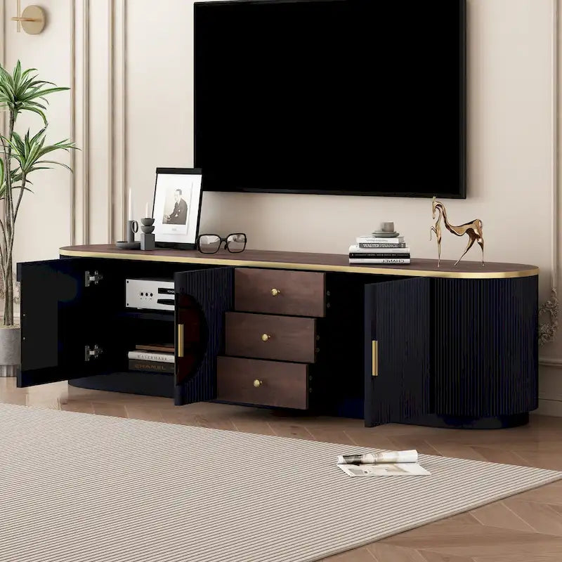 70-Inch TV Stand with 3 Drawers, 2 Glass Cabinets and Adjustable Shelf