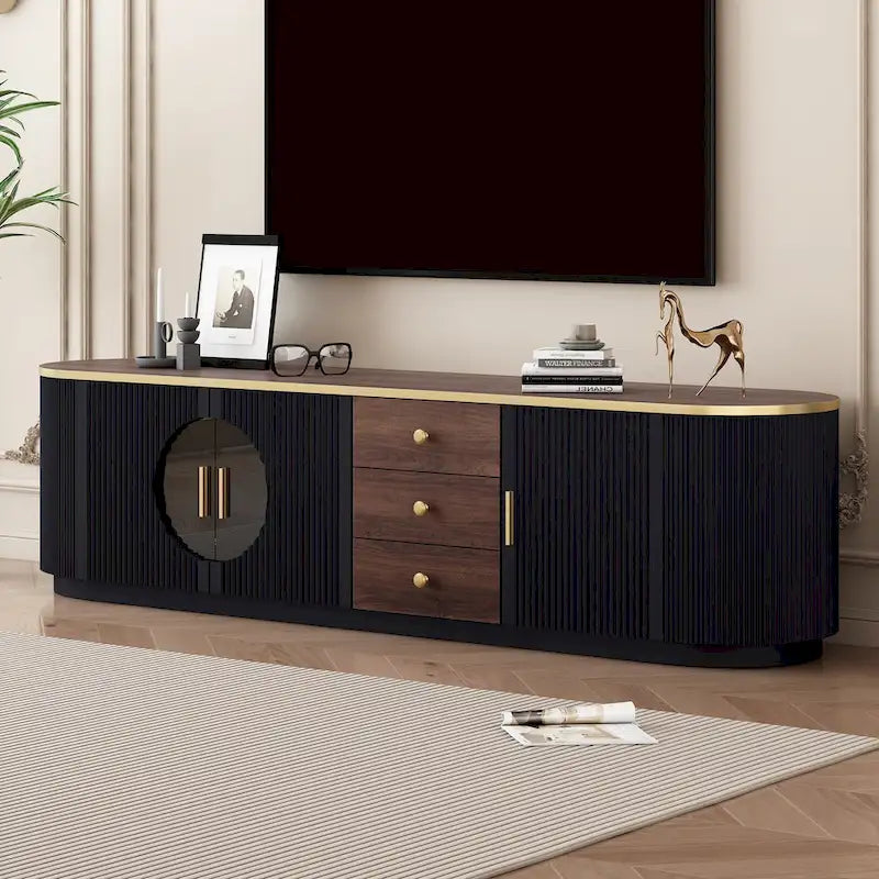 70-Inch TV Stand with 3 Drawers, 2 Glass Cabinets and Adjustable Shelf