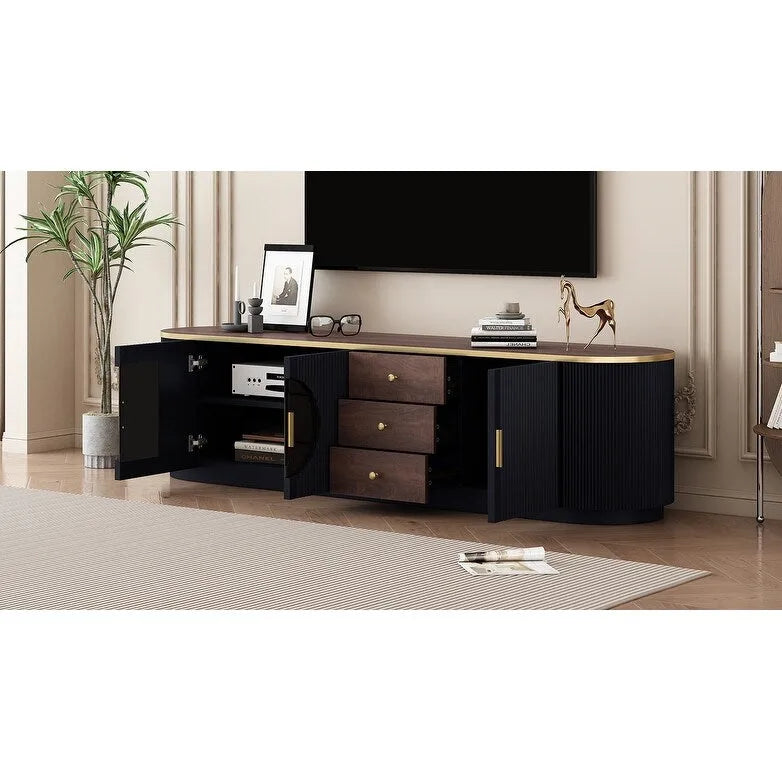 70-Inch TV Stand with 3 Drawers, 2 Glass Cabinets and Adjustable Shelf