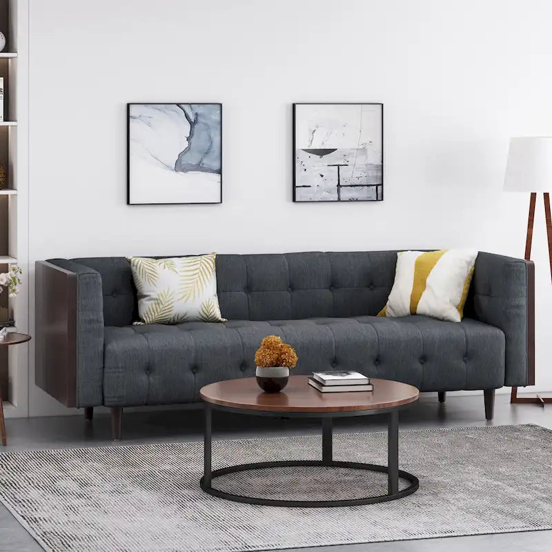 Contemporary Tufted 3-Seat Sofa with Waffle Stitch and Wood Legs, 90-Inch