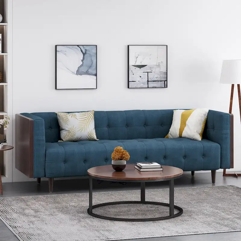 Contemporary Tufted 3-Seat Sofa with Waffle Stitch and Wood Legs, 90-Inch