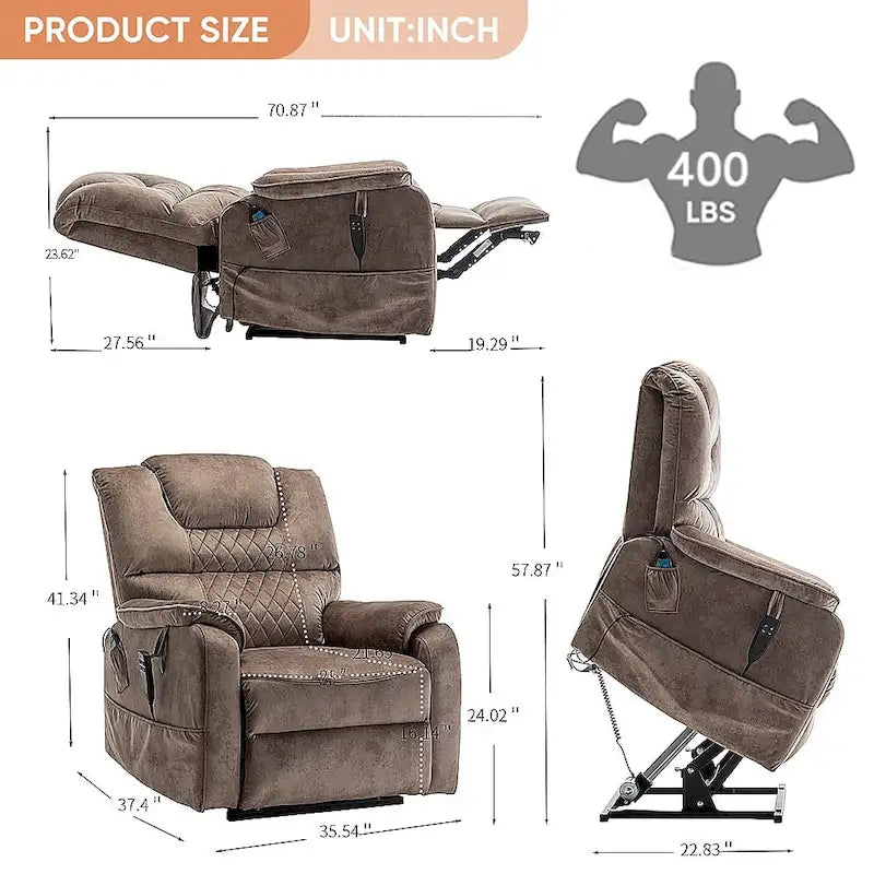 Electric Power Lift Recliner Chair with Heat, Massage and 180-Degree Flat Recline