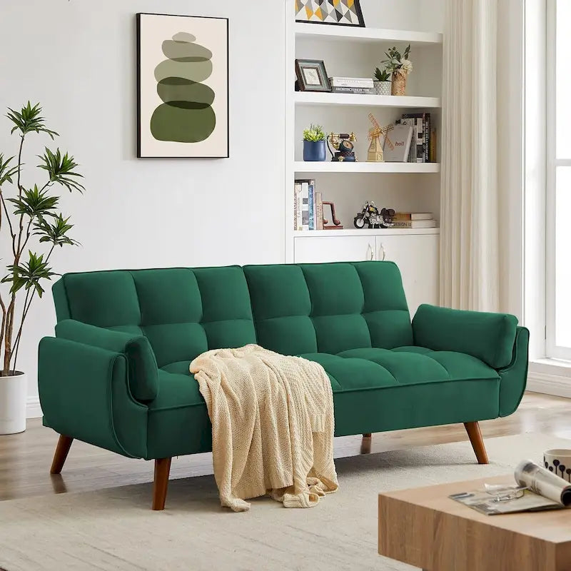 Velvet Convertible Futon Sofa Bed with Adjustable Backrest and Tapered Wood Legs