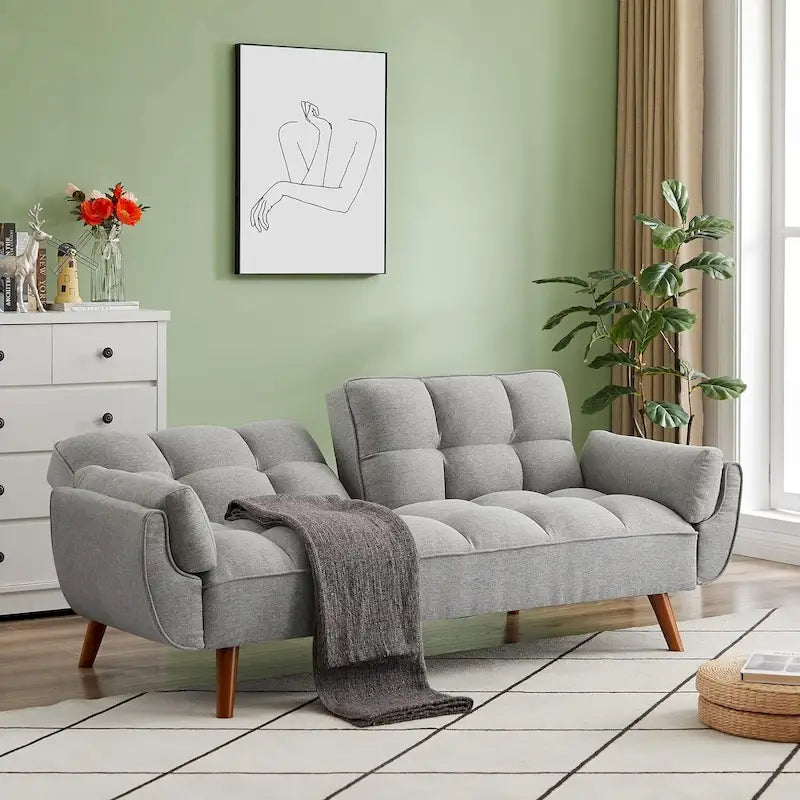 Velvet Convertible Futon Sofa Bed with Adjustable Backrest and Tapered Wood Legs
