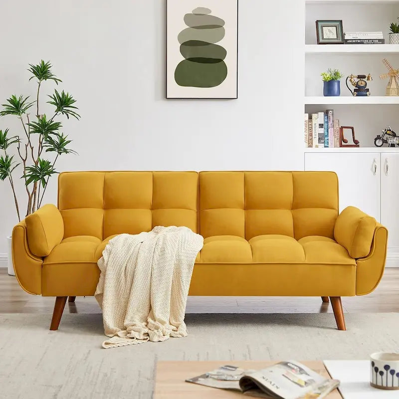 Velvet Convertible Futon Sofa Bed with Adjustable Backrest and Tapered Wood Legs