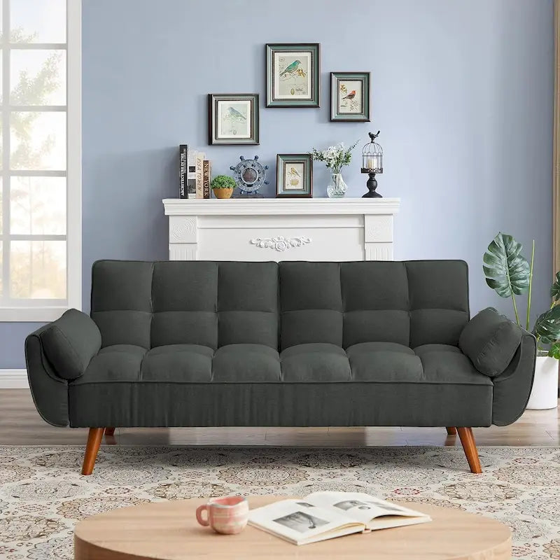 Velvet Convertible Futon Sofa Bed with Adjustable Backrest and Tapered Wood Legs