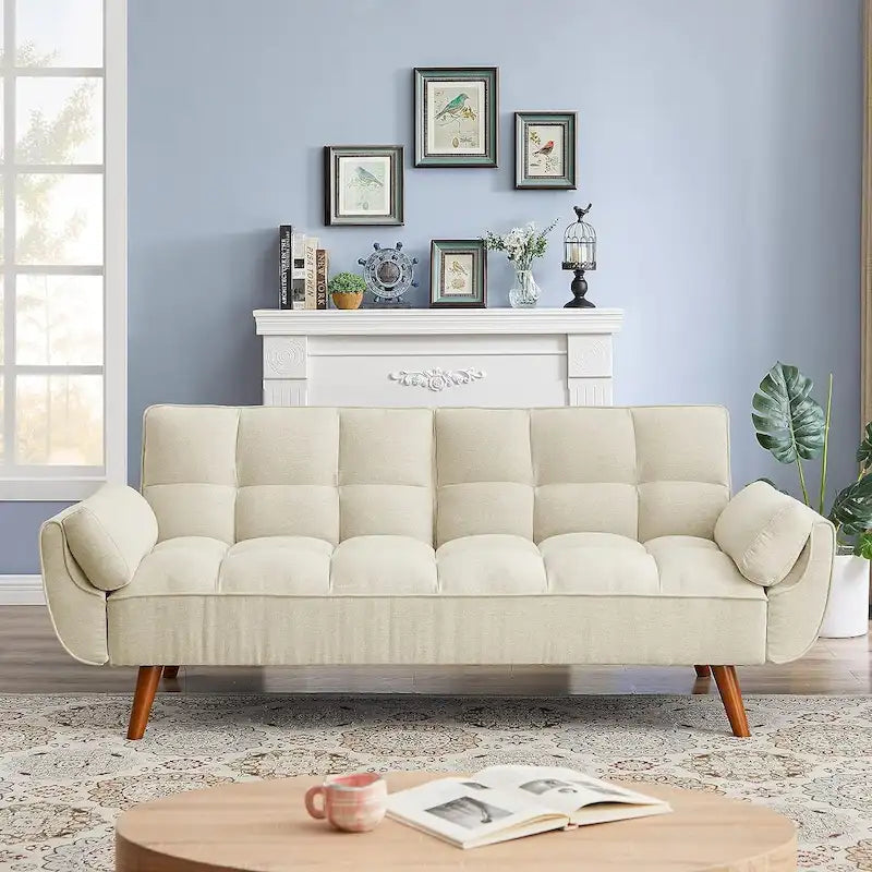 Velvet Convertible Futon Sofa Bed with Adjustable Backrest and Tapered Wood Legs